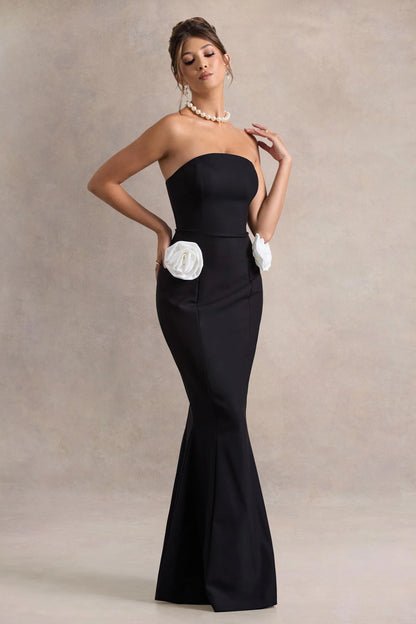 Best Of The Best Black Strapless Fishtail Maxi Dress With Corsages