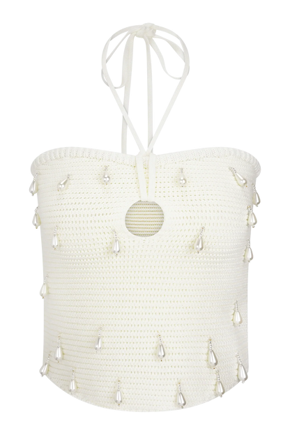 Aletta Knit Pearl Halter Top Ivory