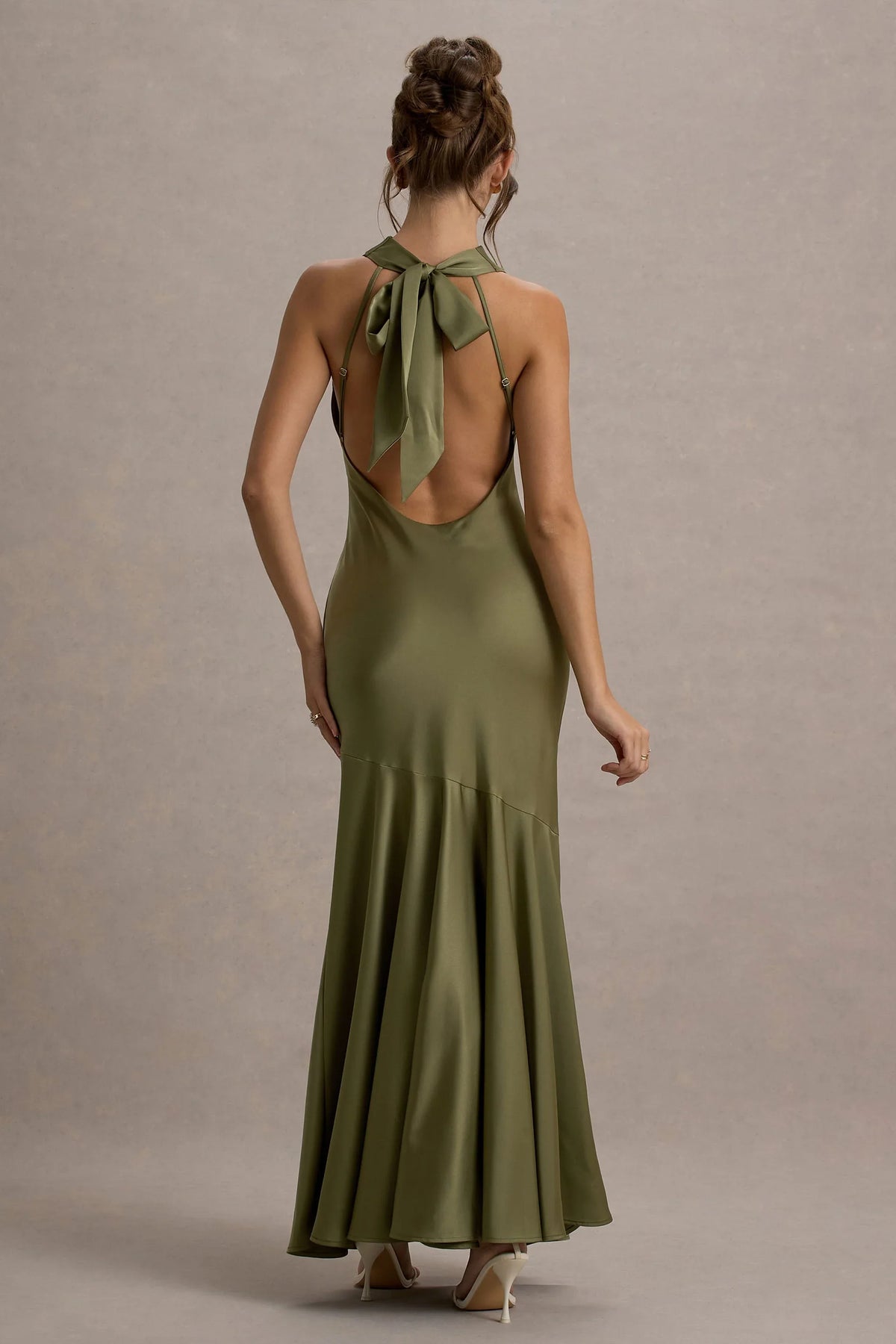 Amelita Khaki Satin Cowl Neck Maxi Dress