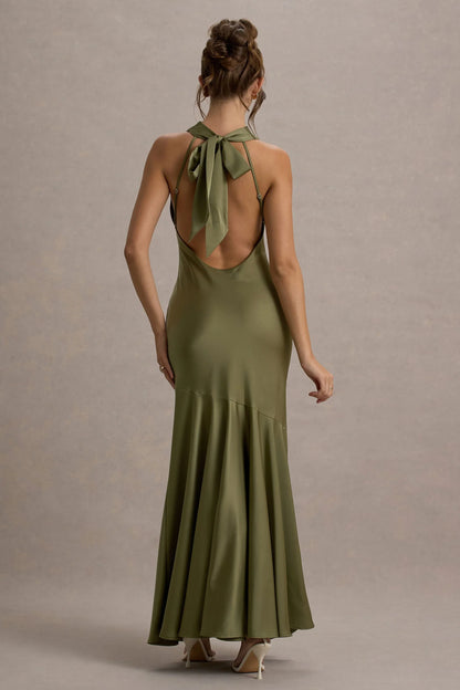 Amelita Khaki Satin Cowl Neck Maxi Dress