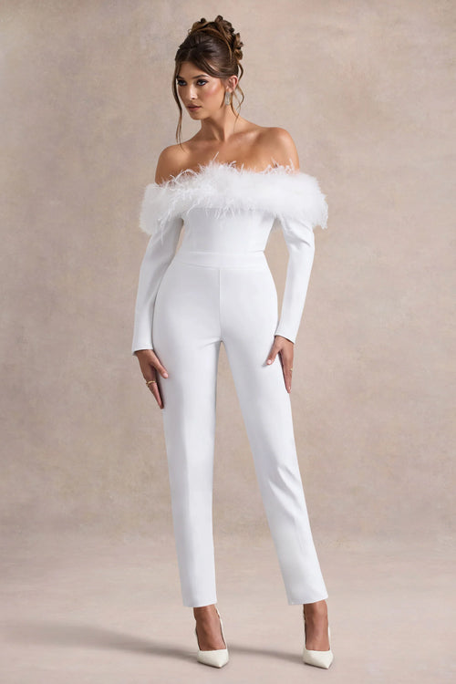 Ales White Bardot Tailored Straight Leg Jumpsuit With Feather Trim