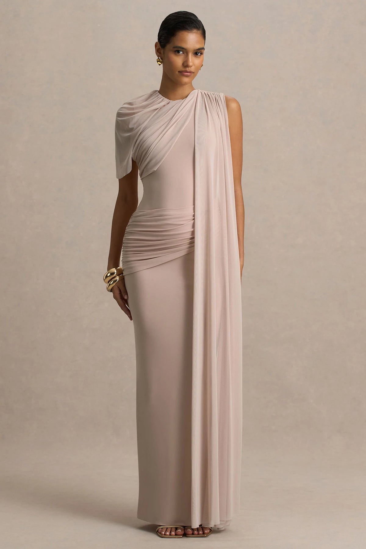 Brenda Champagne Crew Neck Maxi Dress With Mesh Cape And Sash