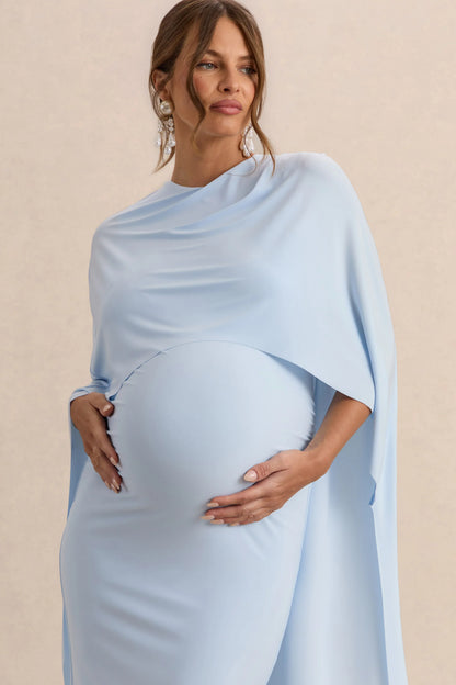 Arwen Powder Blue Round Neck Maternity Midi Dress With Cape Detail