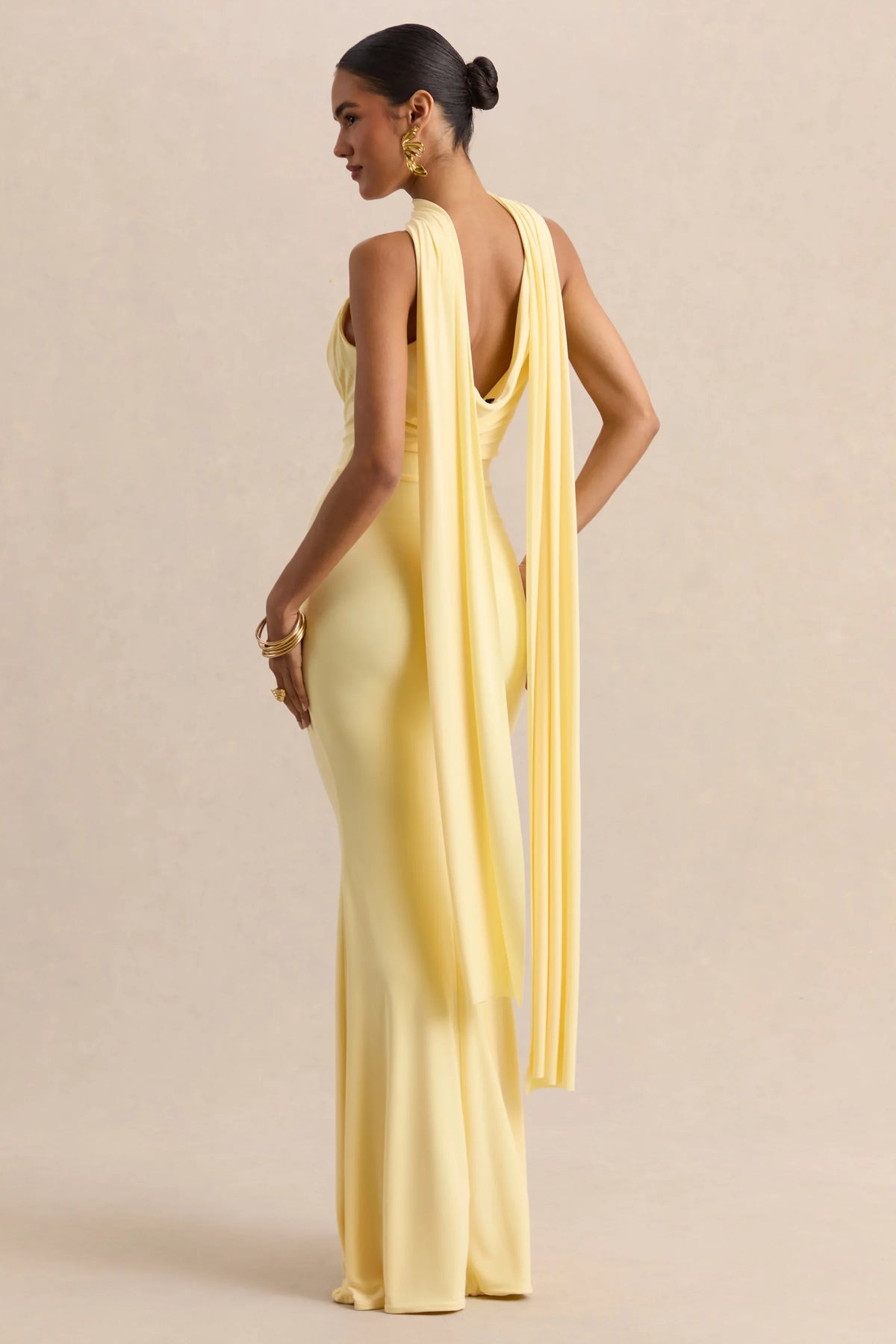 Armelia Lemon Cowl Neck Maxi Dress With Scarf Detail