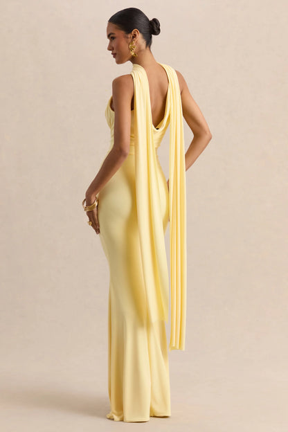 Armelia Lemon Cowl Neck Maxi Dress With Scarf Detail