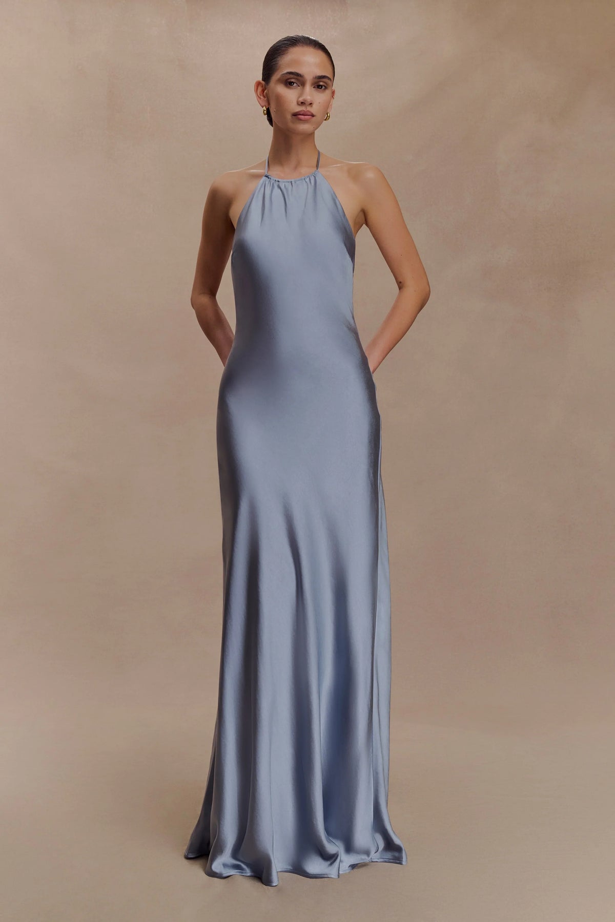 Bella Satin Halter Maxi Dress Frosted Blue