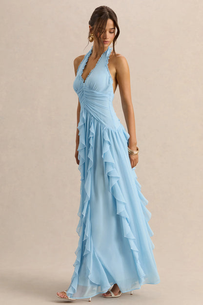 Bea Powder Blue Plunge Neck Ruffled Maxi Dress