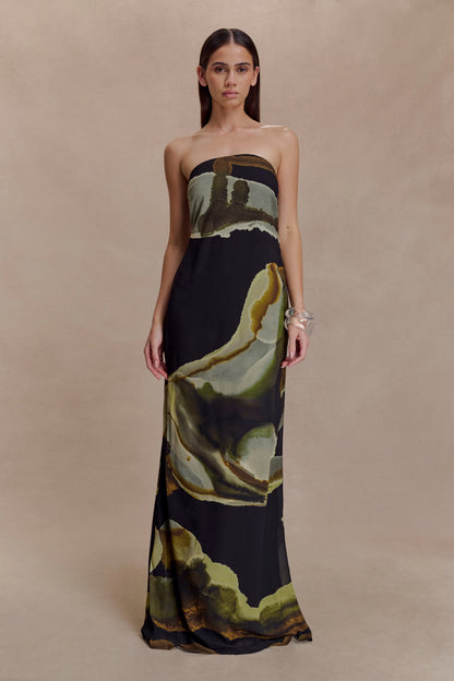 Amaya Strapless Chiffon Maxi Dress Green Fluid Reverie Print