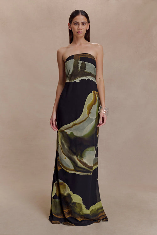 Amaya Strapless Chiffon Maxi Dress Green Fluid Reverie Print