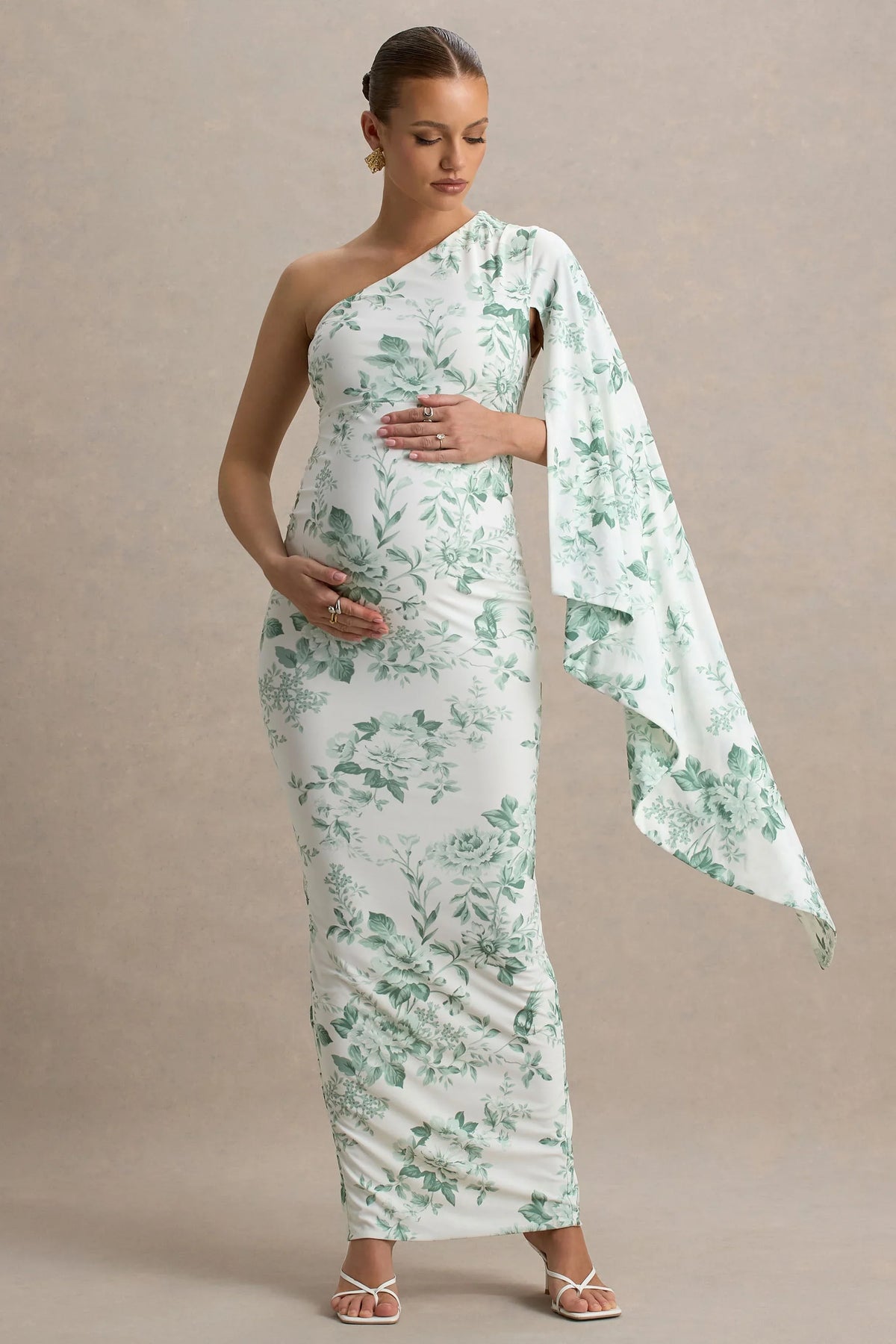 Aliana Green Porcelain Print Asymmetric Maternity Maxi Dress With Ruched Detailing