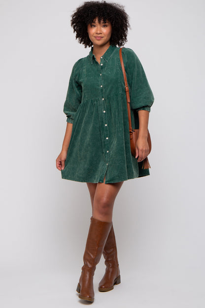 Green Corduroy Button Down Collared Maternity Dress