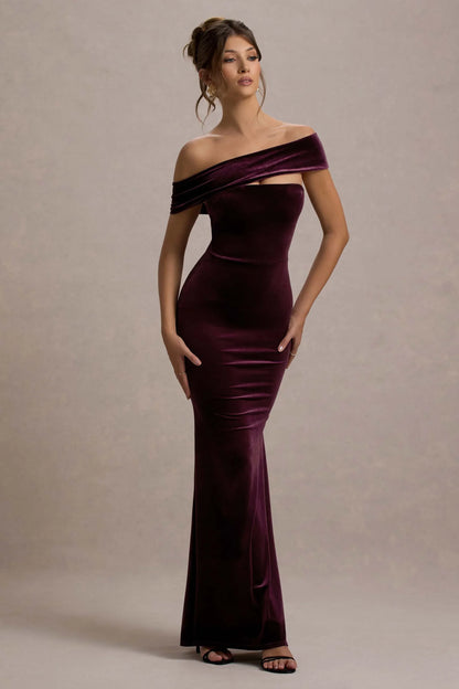 Candela Port Velvet Asymmetric Bardot Maxi Dress