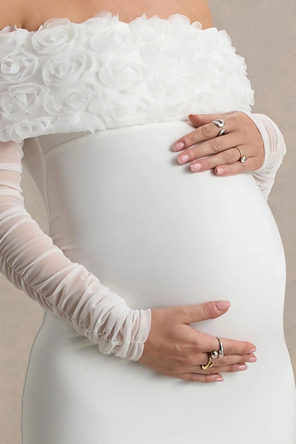 Adita White Mesh Floral Bardot Maternity Midi Dress
