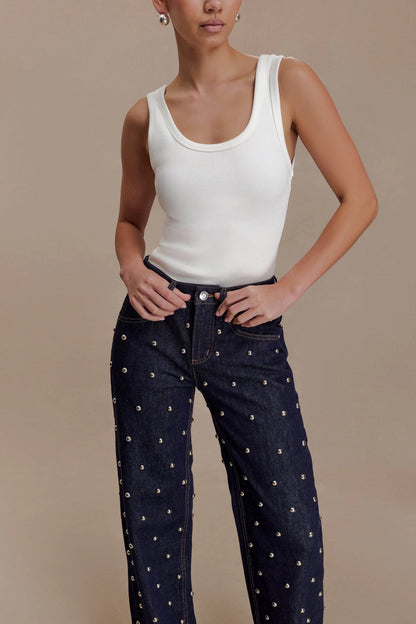 Alima Mid Rise Stud Denim Jeans Washed Indigo Blue