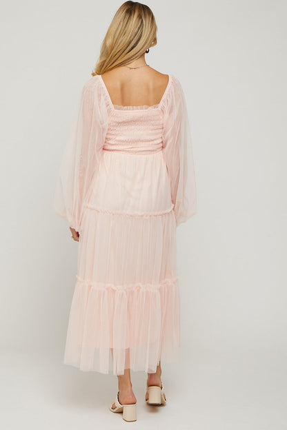 Light Pink Mesh Tiered Long Sleeve Maternity Maxi Dress