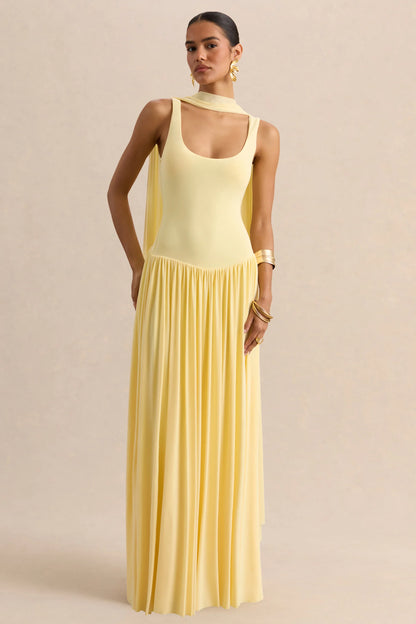Aurina Lemon Square Neck Maxi Dress With Scarf Detail
