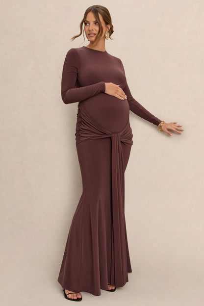Aveny Brown Crew Neck Maternity Maxi Dress With Ruched Detailing And Sash