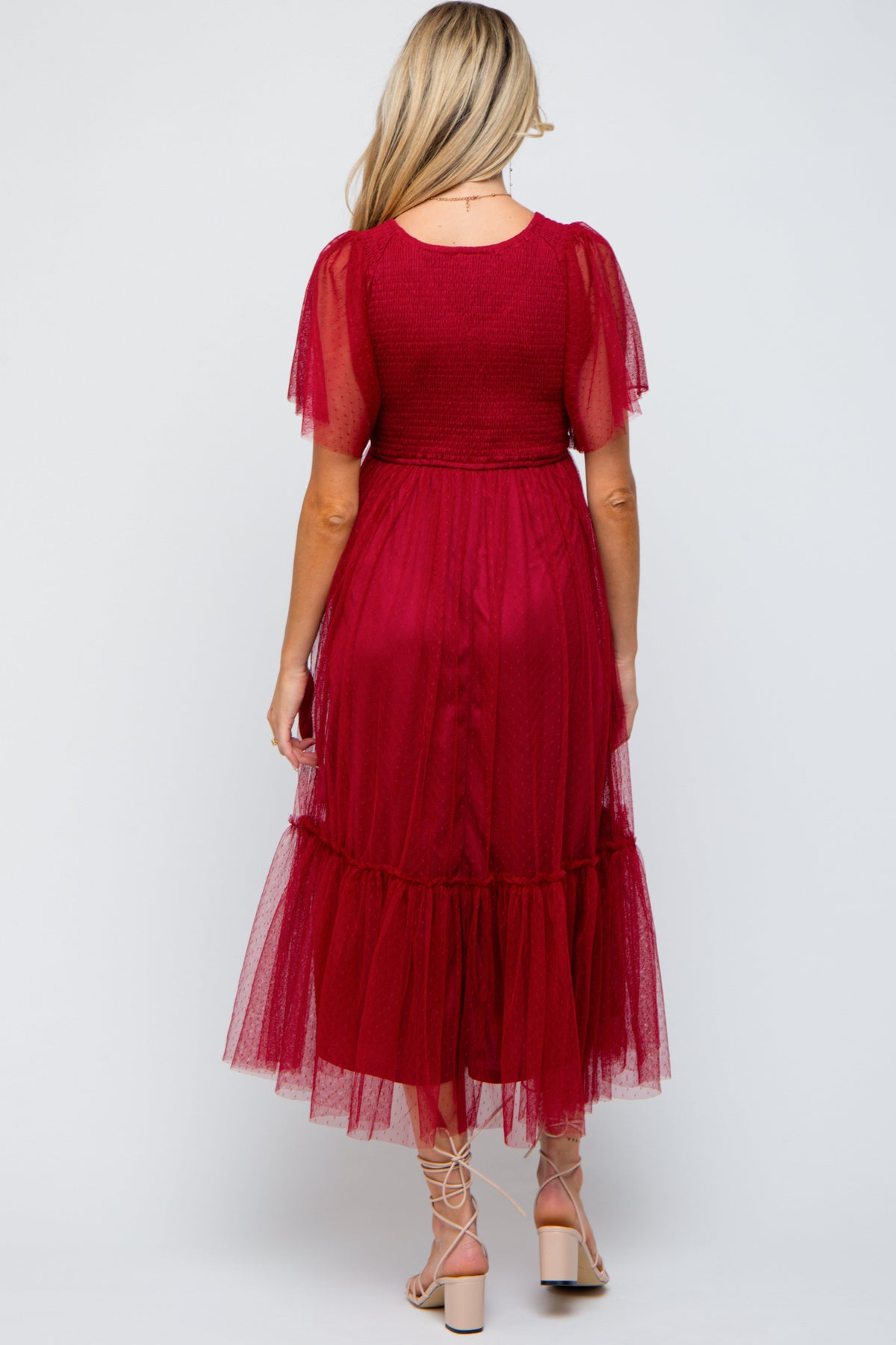Burgundy Dotted Tulle Smocked Maternity Midi Dress