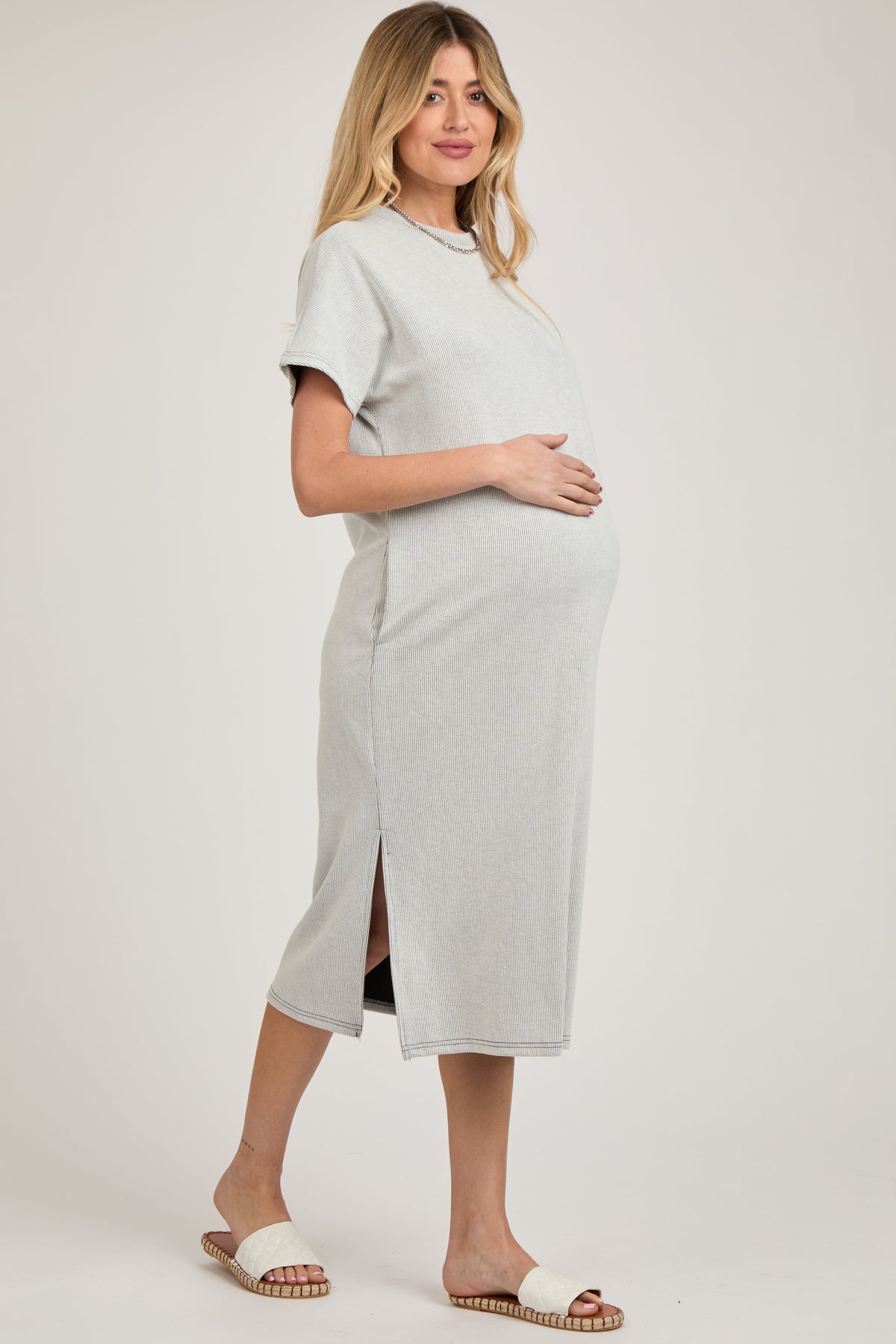 Grey Ribbed Short Dolman Sleeve Side Slit Maternity Midi Dress