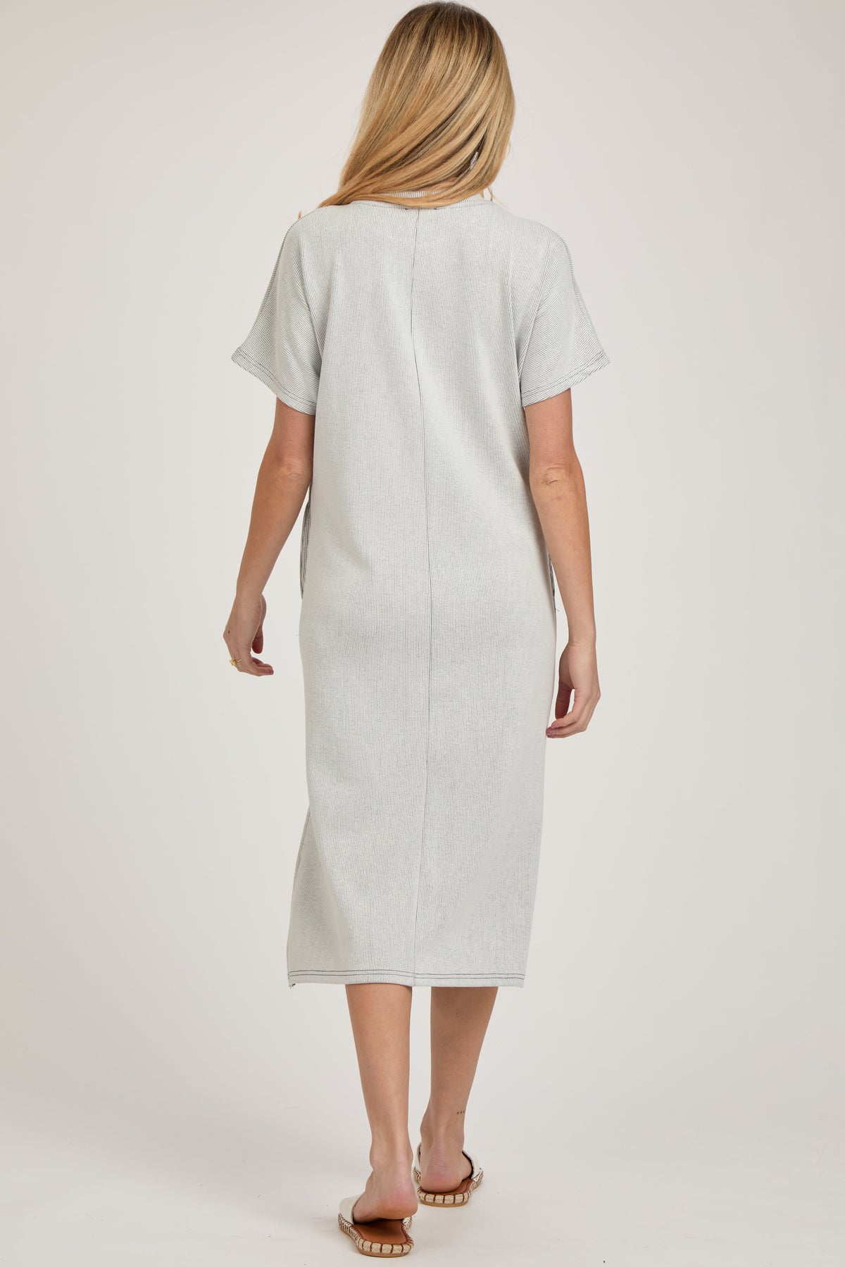 Grey Ribbed Short Dolman Sleeve Side Slit Maternity Midi Dress