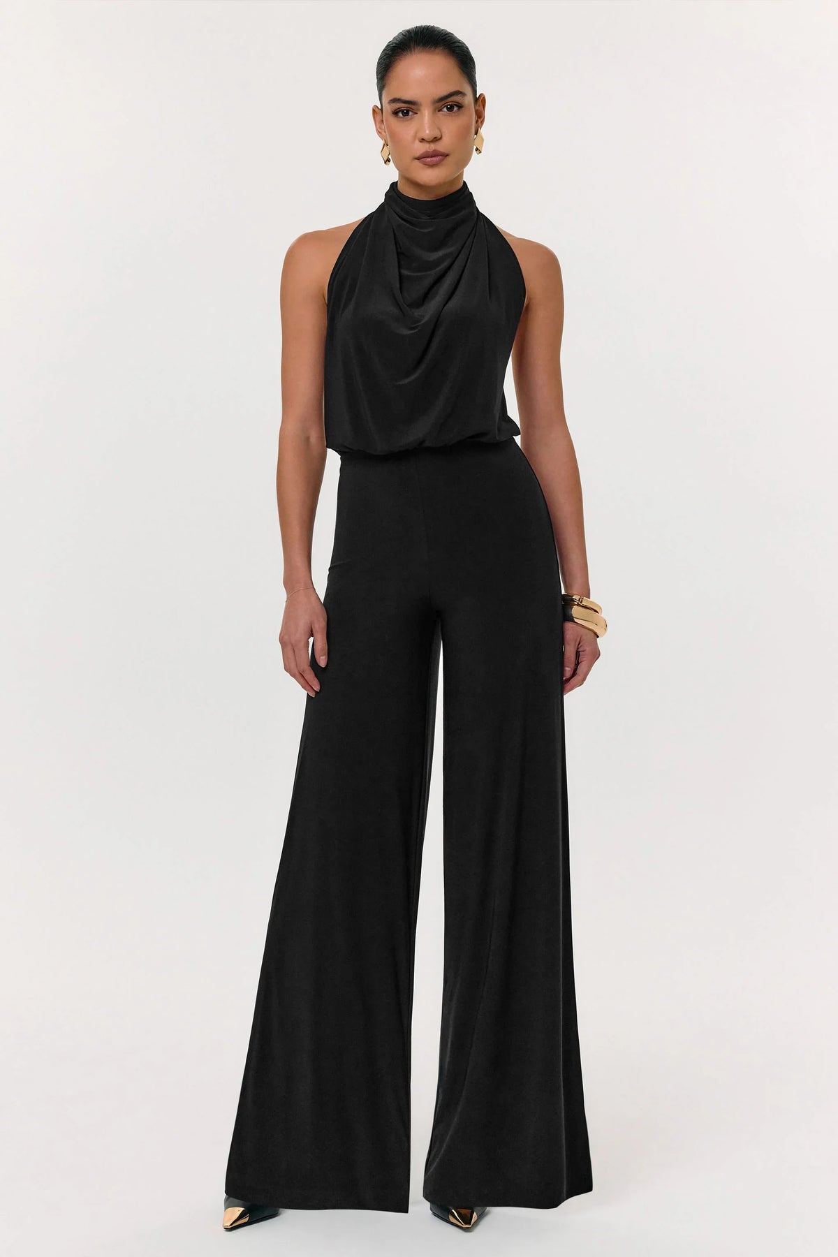 Asha Black High Neck Jumpsuit With Ruched Detail