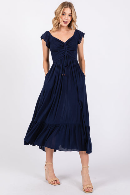 Navy Smocked Ruched Ruffle Hem Maternity Maxi Dress