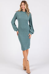 Teal Ribbed Long Sleeve Mock Neck Maternity Dress