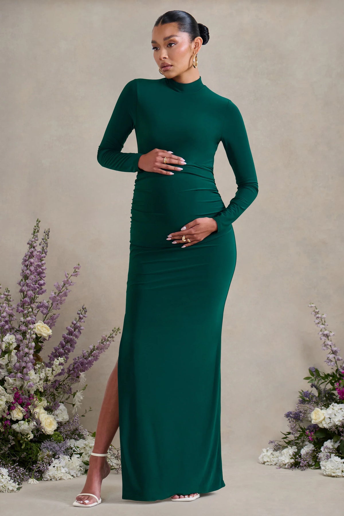 Alejandra Green Maternity Long Sleeve High Neck Maxi Dress