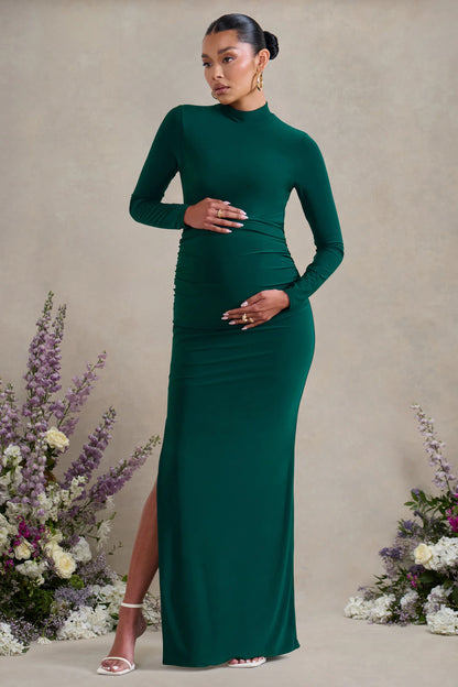 Alejandra Green Maternity Long Sleeve High Neck Maxi Dress