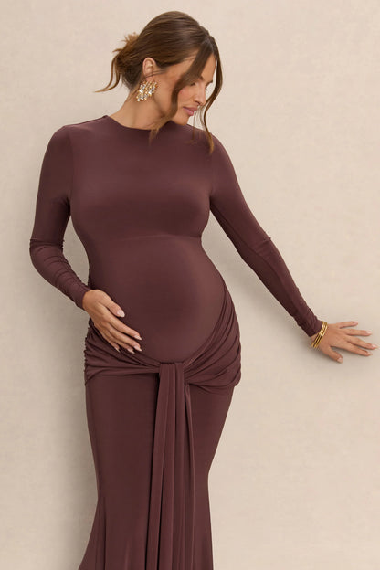 Aveny Brown Crew Neck Maternity Maxi Dress With Ruched Detailing And Sash