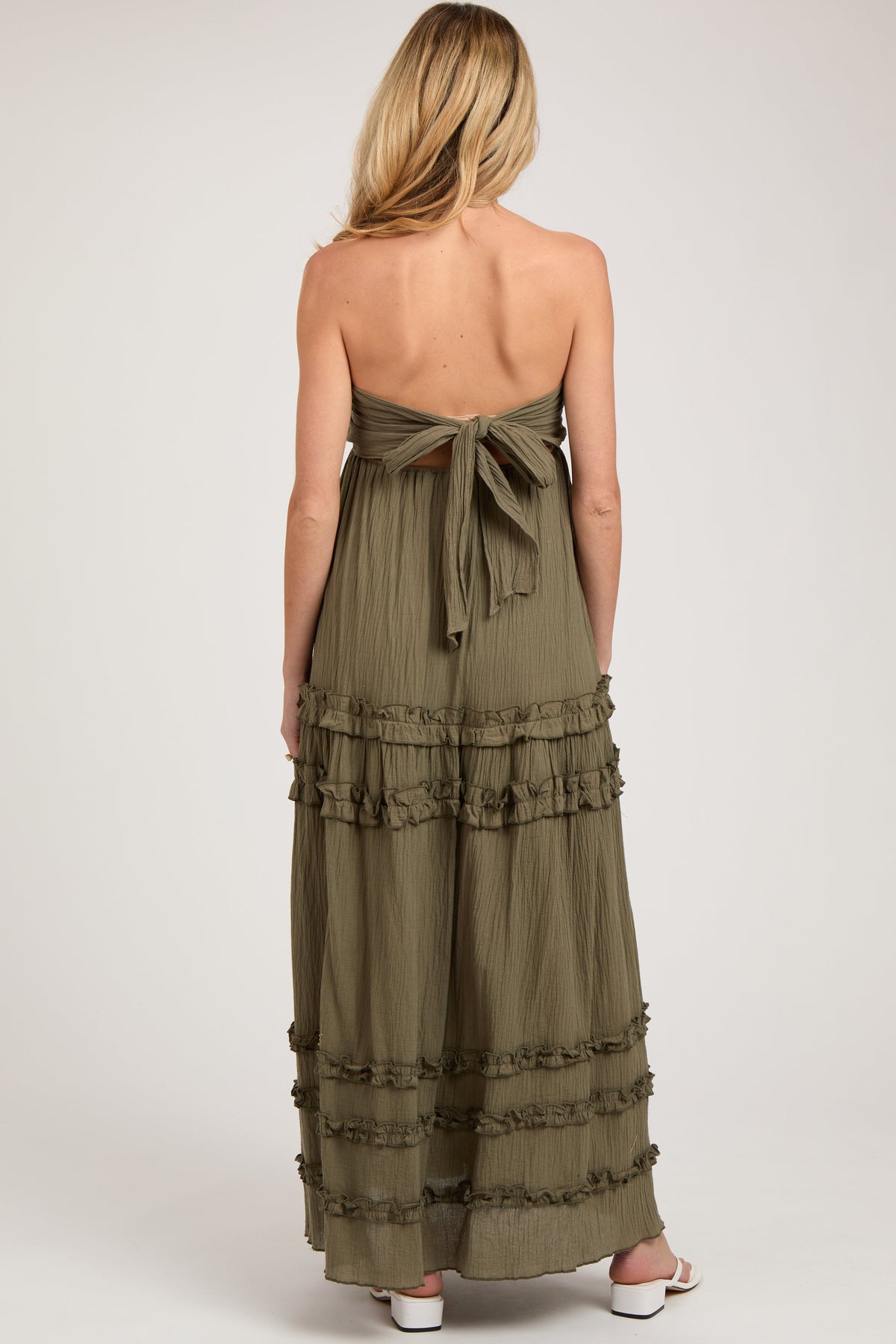 Olive Ruffle Ruched Deep V-Neck Maternity Maxi Dress