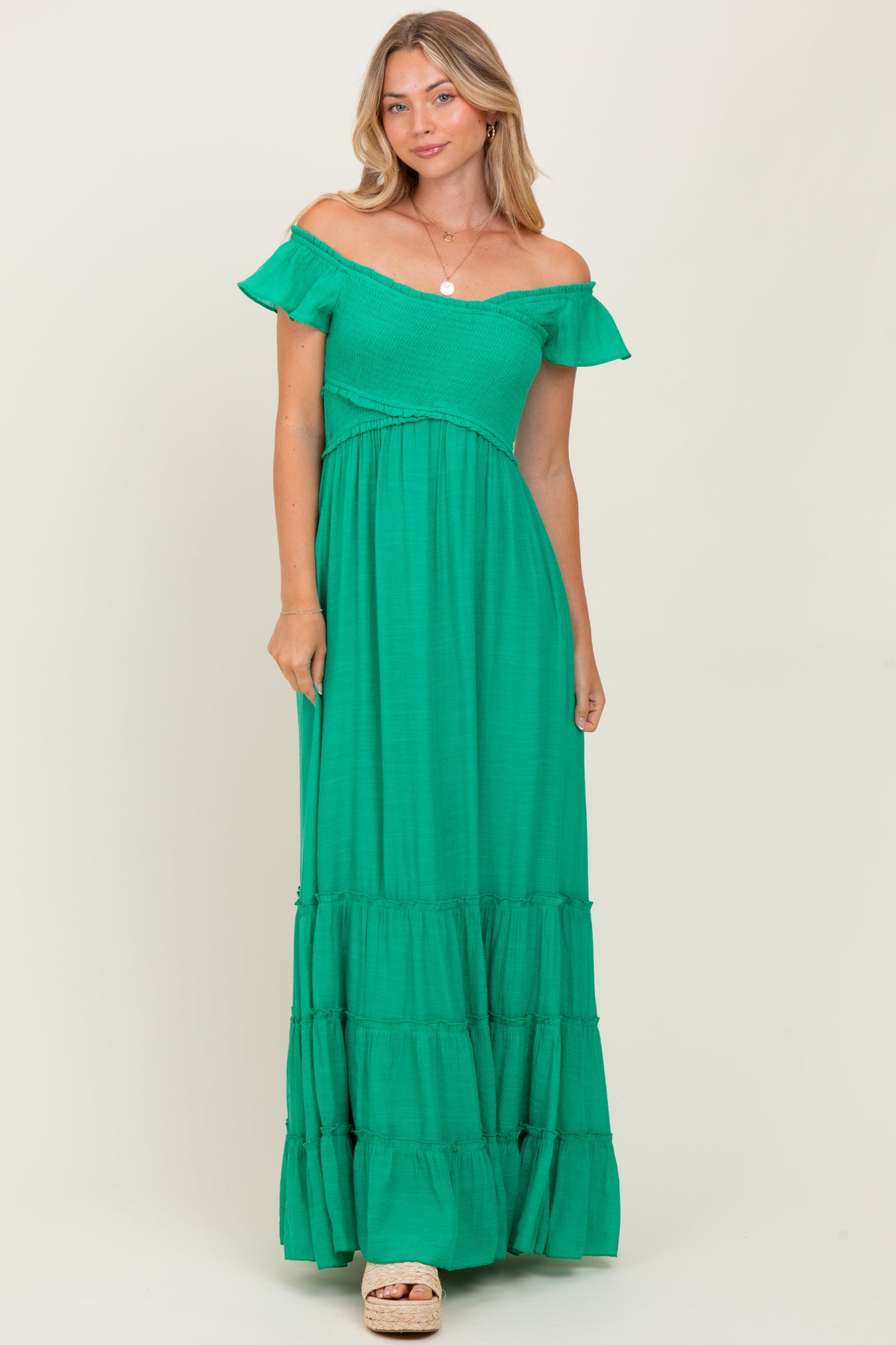 Green Smocked Crossover Off Shoulder Maternity Maxi Dress