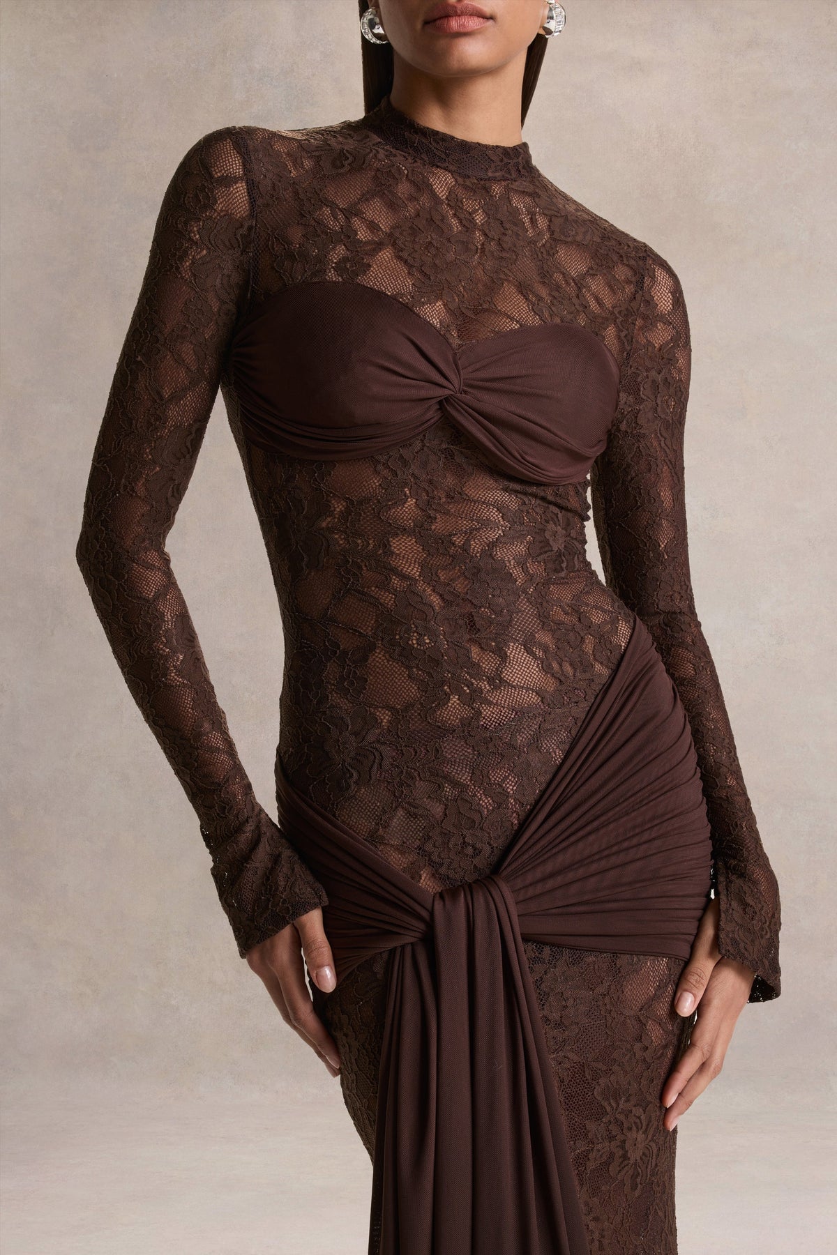 Akira Brown Lace Maxi Dress With Sash Detail