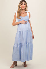 Light Blue Contrast Shoulder Straps Maternity Maxi Dress