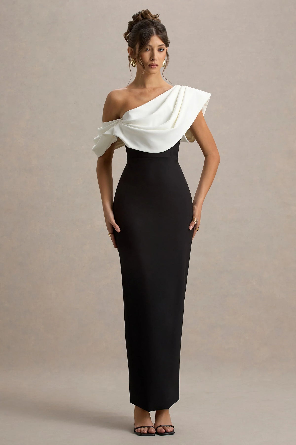 Angelina Black White Draped Shoulder Maxi Dress