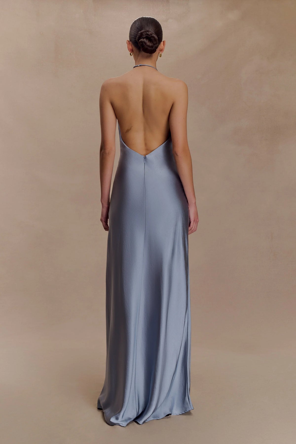 Bella Satin Halter Maxi Dress Frosted Blue