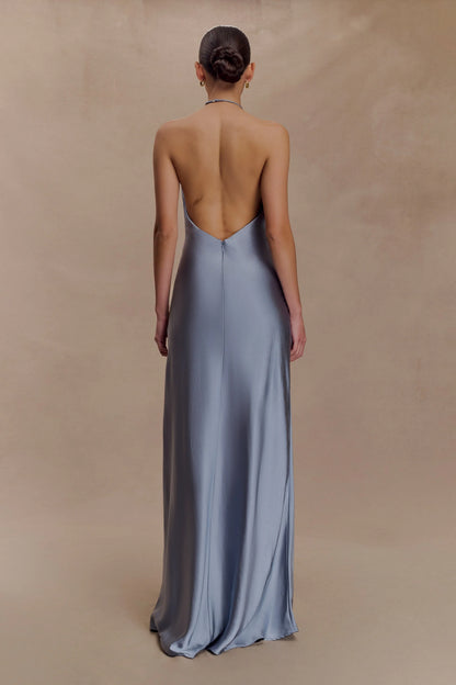Bella Satin Halter Maxi Dress Frosted Blue