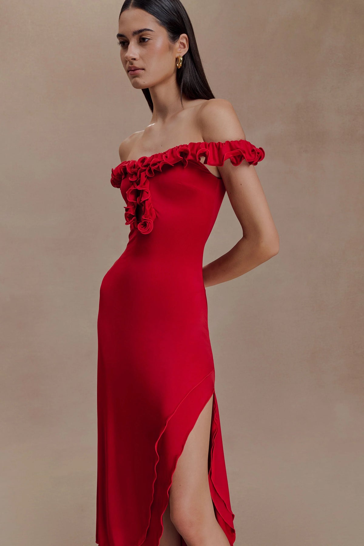 Allegra Off Shoulder Ruffle Midi Dress Ruby