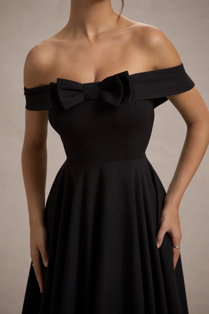 Calliopia Black Bow Bardot Midi Dress With Puff Ball Skirt