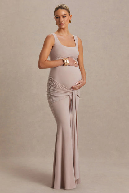 Baylin Nude Square Neck Maternity Maxi Dress With Ruched Detailing And Sash