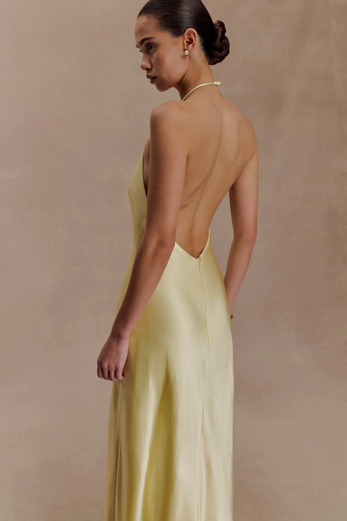Bella Satin Halter Maxi Dress Lemon