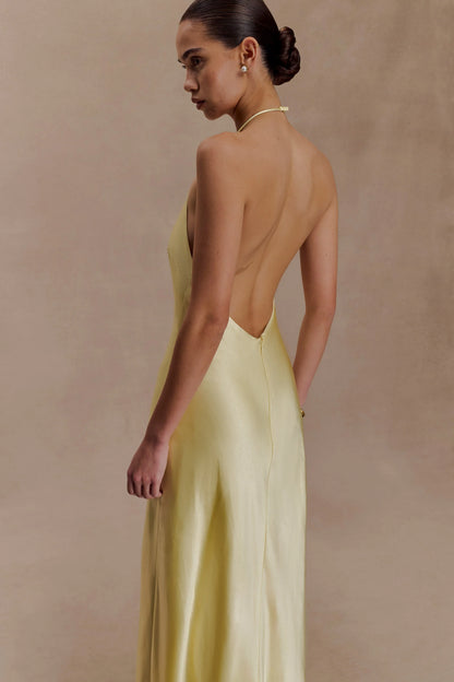 Bella Satin Halter Maxi Dress Lemon