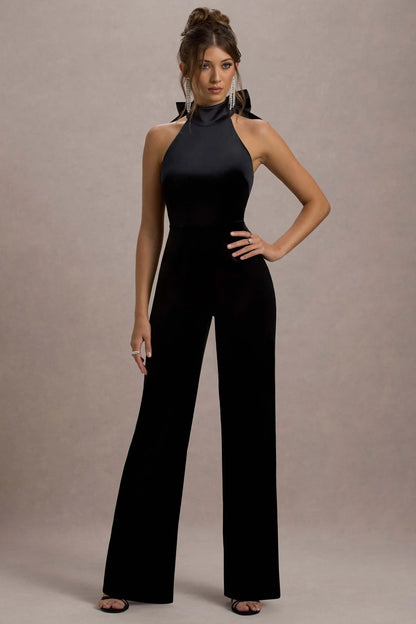Alondra Black Velvet High Neck Straight Leg Jumpsuit