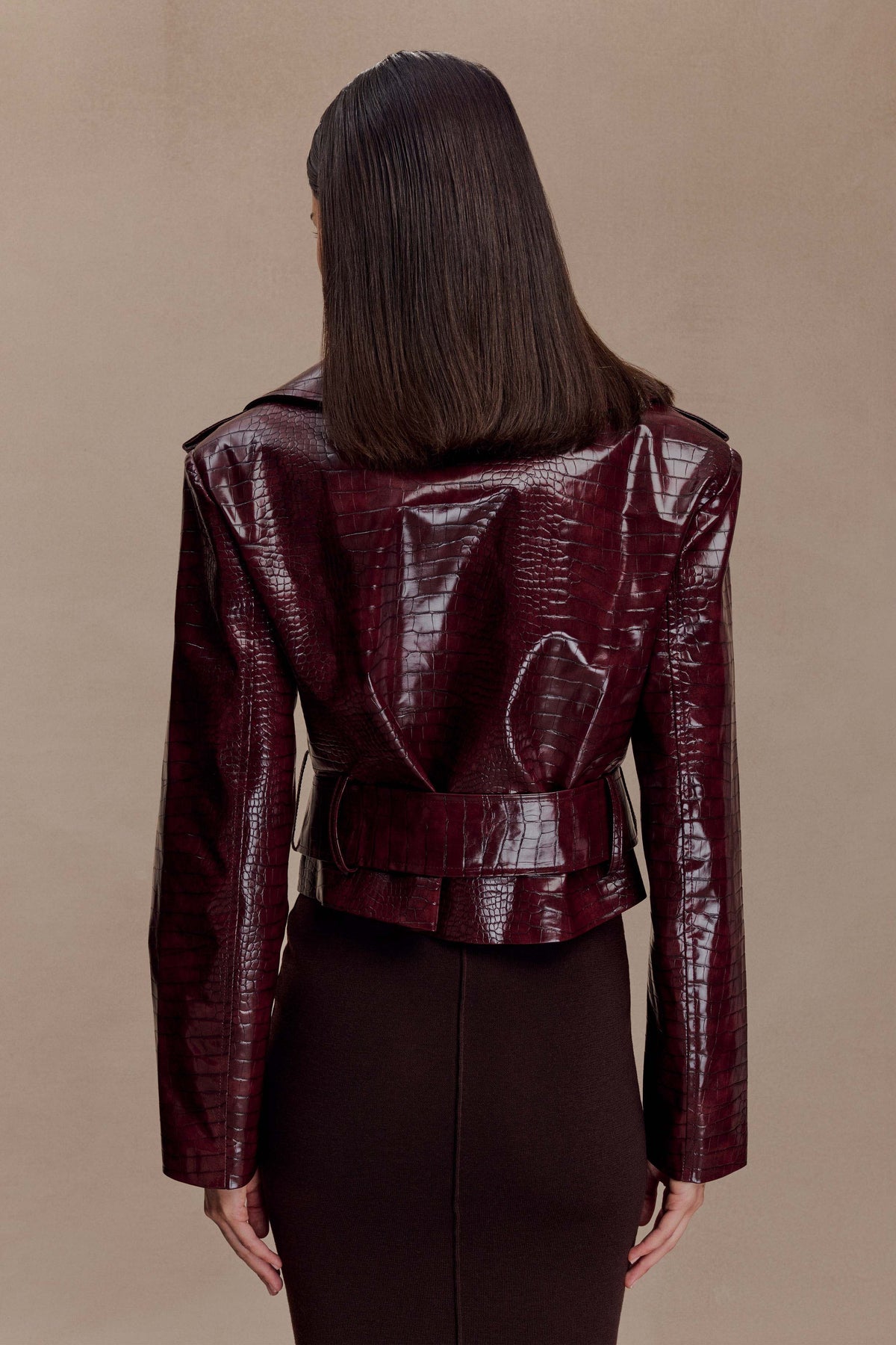 Archie Croc Faux Leather Cropped Jacket Burgundy