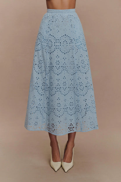 Arla Broderie Midi Skirt Pale Cornflower Blue
