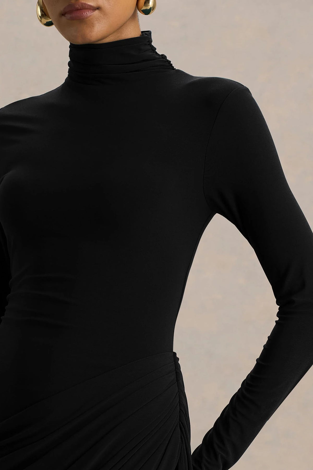 Betsy Black High Neck Maxi Dress With Front Split And Ruched Detailing