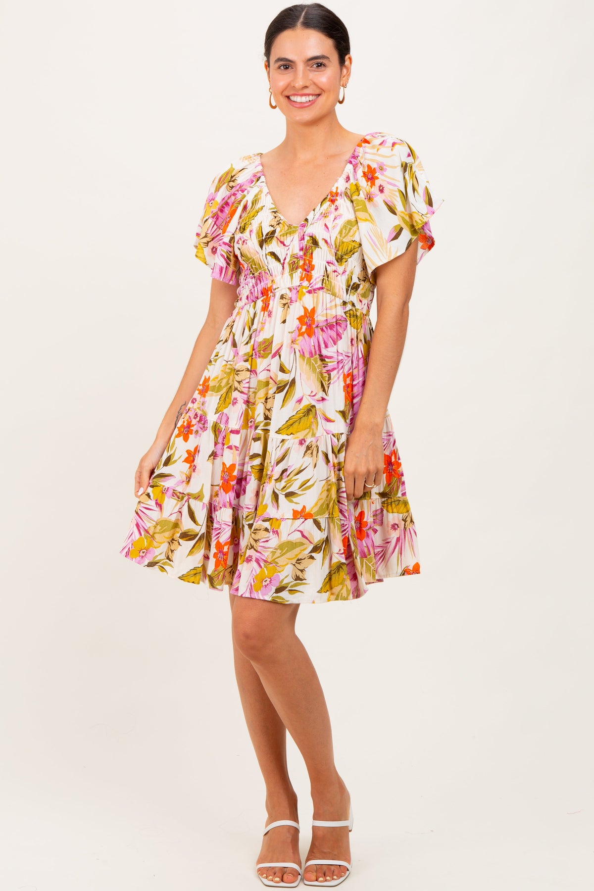 Ivory Floral Smocked Front Tiered Maternity Dress