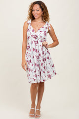 Ivory Mauve Floral Knotted Wrap V-Neck Maternity Dress