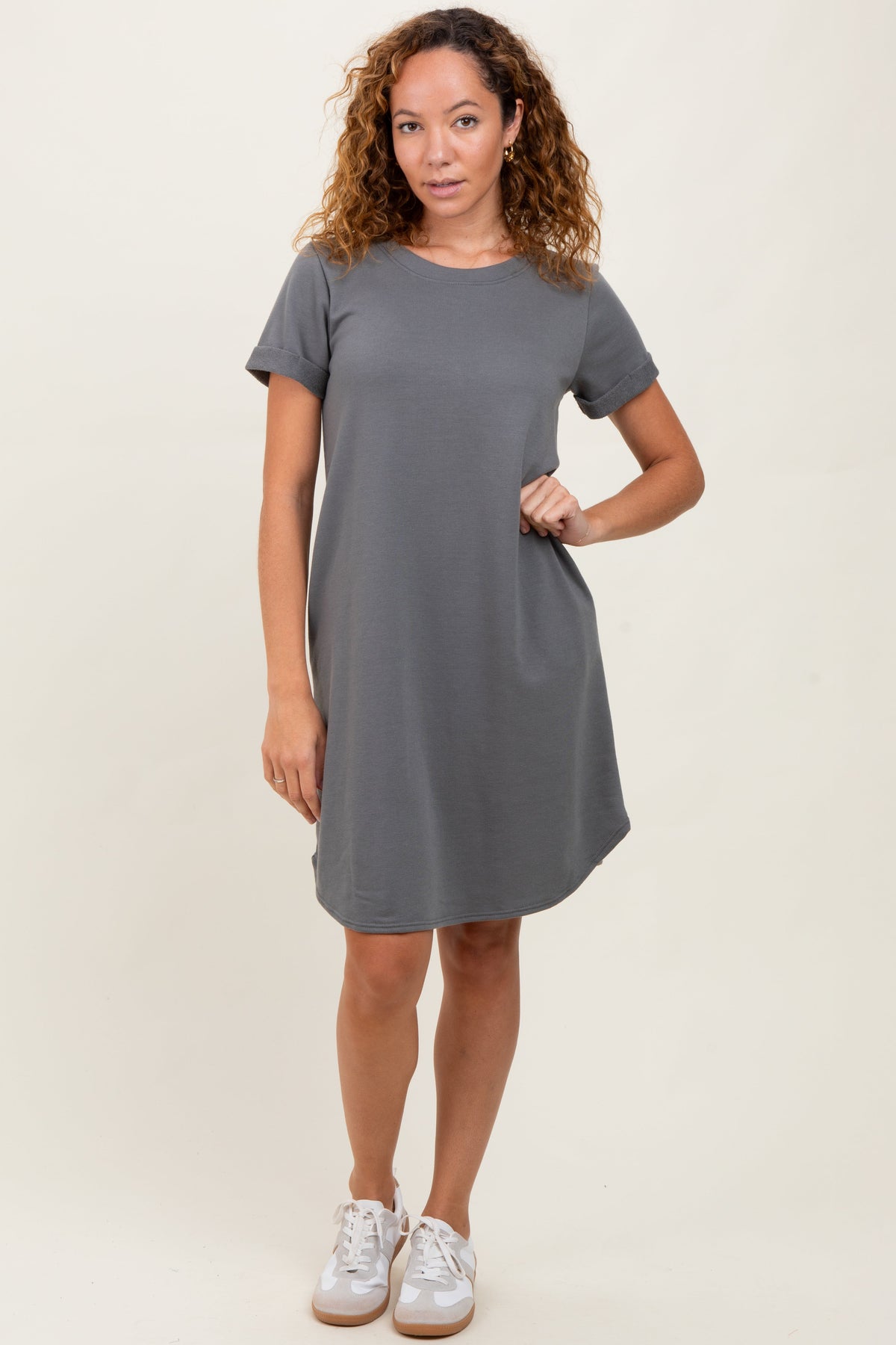 Charcoal French Terry Cuffed Short Sleeve Maternity Dress