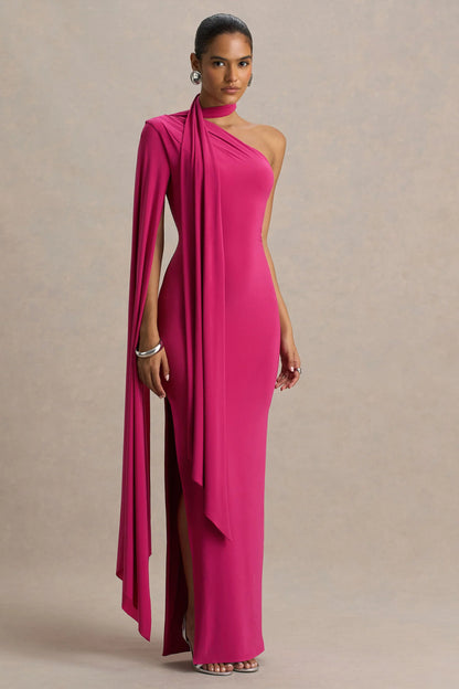 Amal Hot Pink Asymmetric Neck Maxi Dress With Scarf and Cape Detail